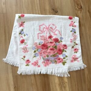 Fieldcrest Vintage Floral Basket Pink Bow Fringed Bath Towel 100 Cotton USA Made